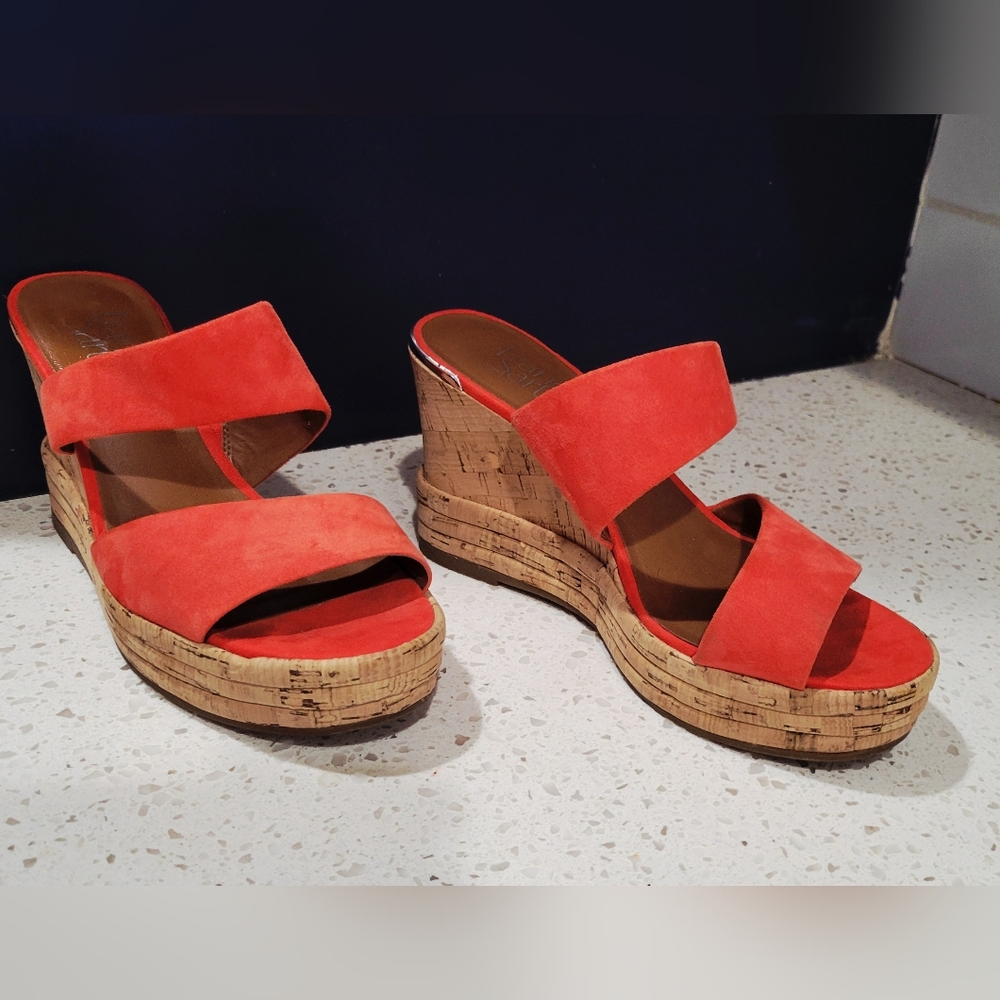 Franco Sarto Fiore Cork Wedge Coral Suede Sandals | Size 6.5